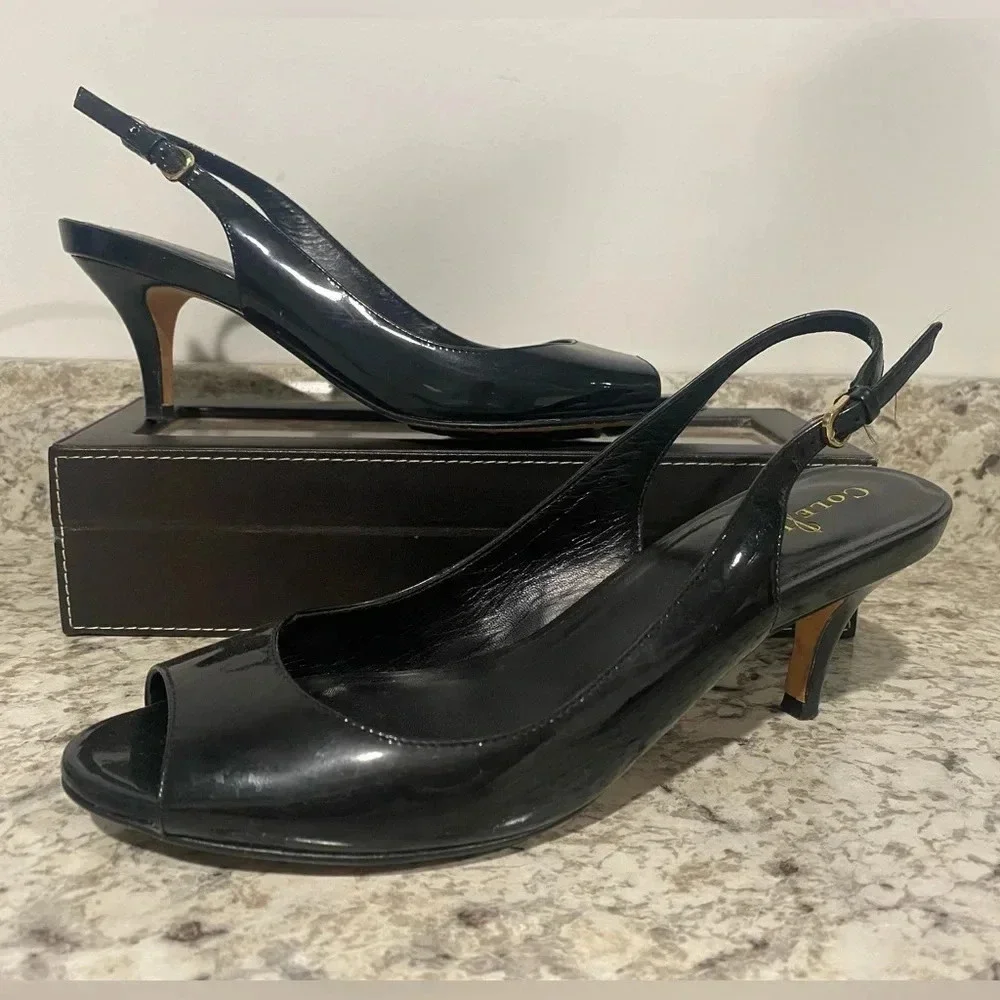 Cole Haan NikeAir Womens Shoes Black Patent Leather Slingback Heels size 7.5